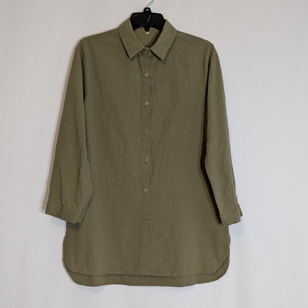 Olive Green Cotton 3/4 Sleeve, Collared Button Blouse; Size M